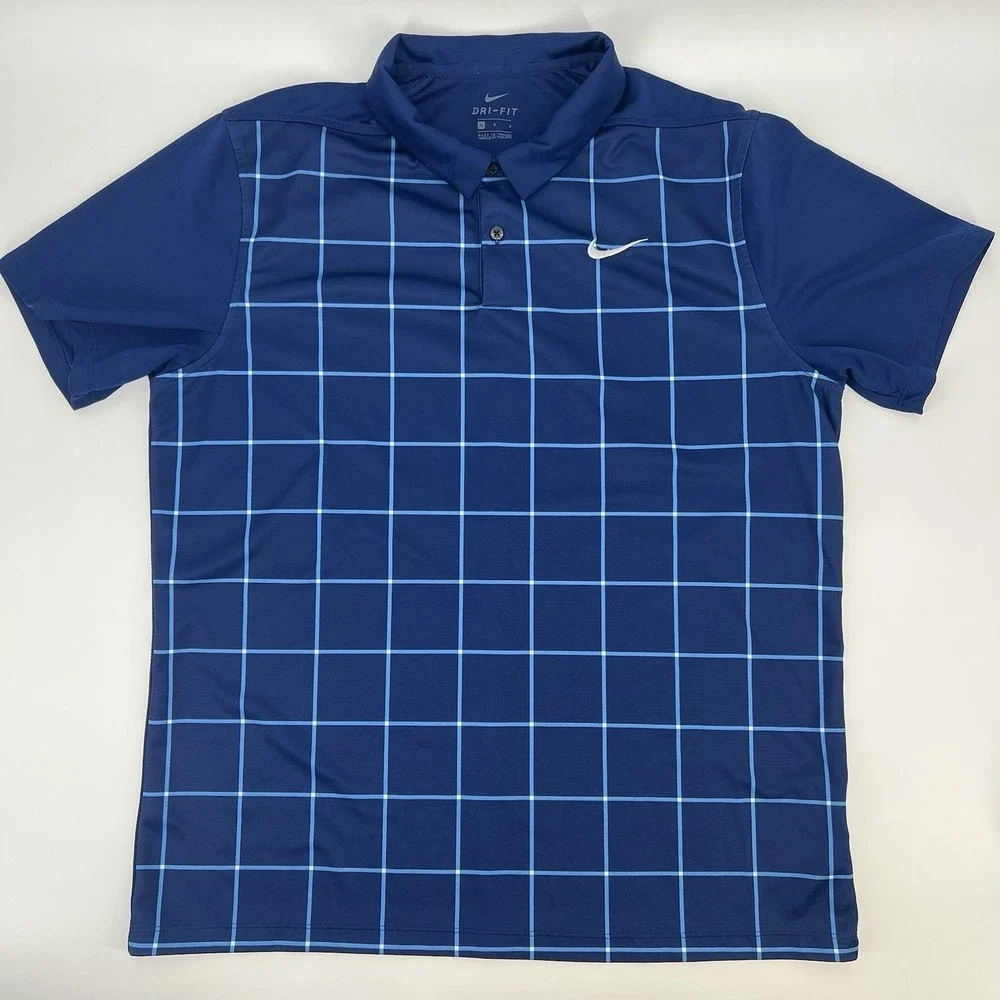 NIKE Dri-Fit Polo Shirt Men's Size L Large Blue Windowpane Performance